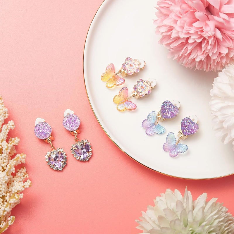 ERDOGLY Clip on Earrings for Girls, 16Pcs Kids Clip on Earrings for Little Girls Dangle Stick on Earring Party Favor, Toddler Earring Princess Pretend Play Dress up Jewelry Gifts - Image 4